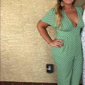 Green short sleeve polka dot jumpsuit